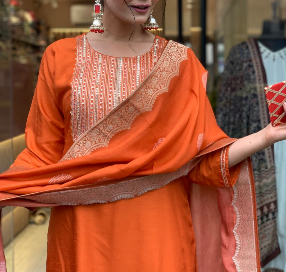 Elegant Chanderi Silk Kurti Dupatta Set