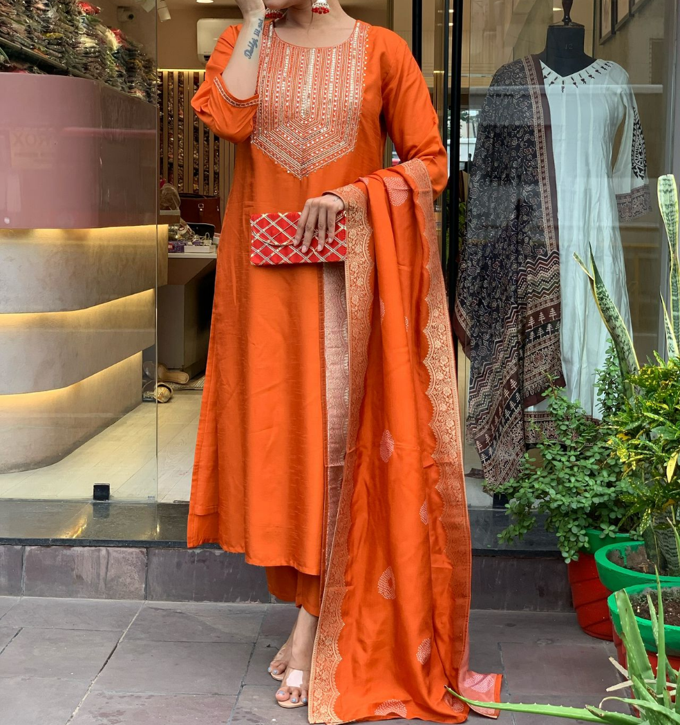 Elegant Chanderi Silk Kurti Dupatta Set