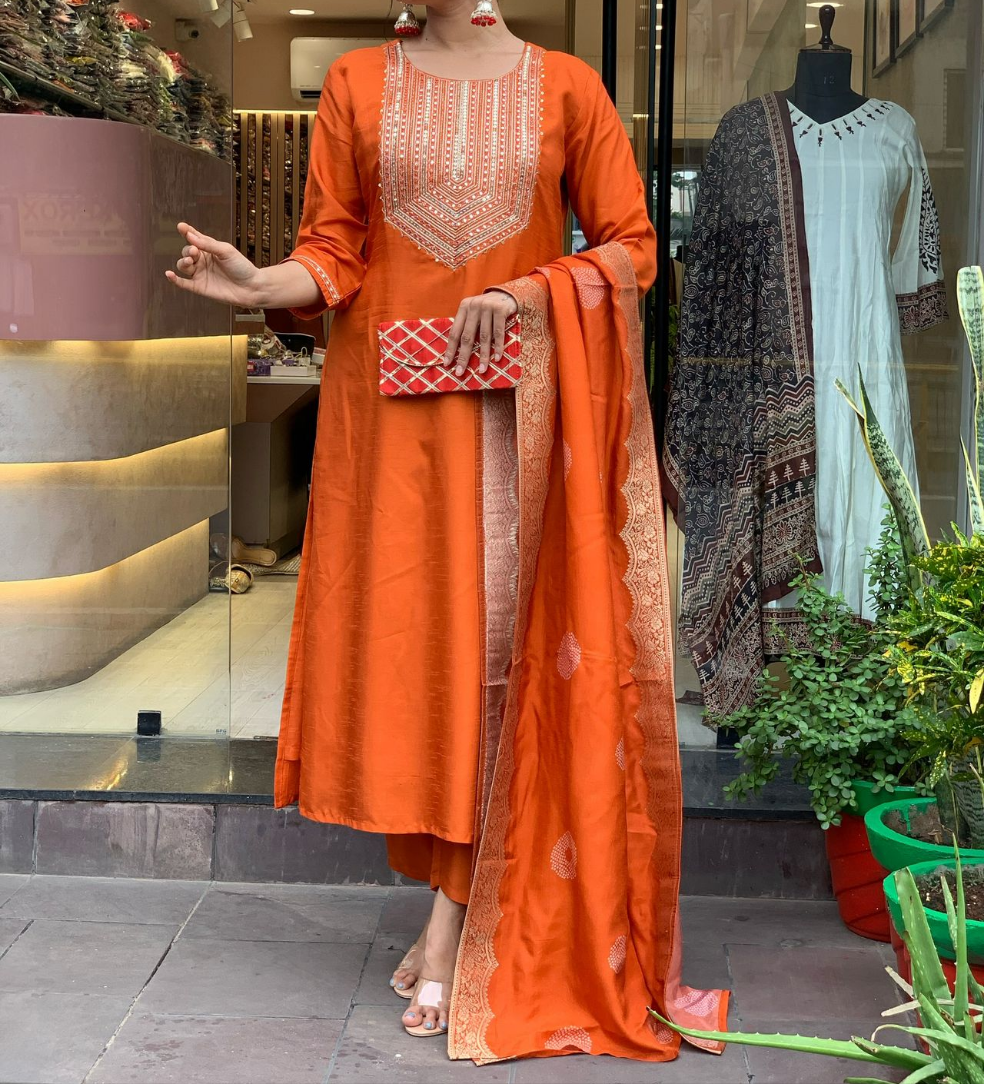 Elegant Chanderi Silk Kurti Dupatta Set