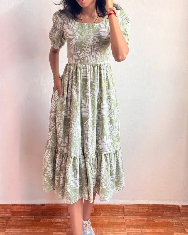 Mint Leaf Maxi Dress: Soft Cotton Floral Elegance