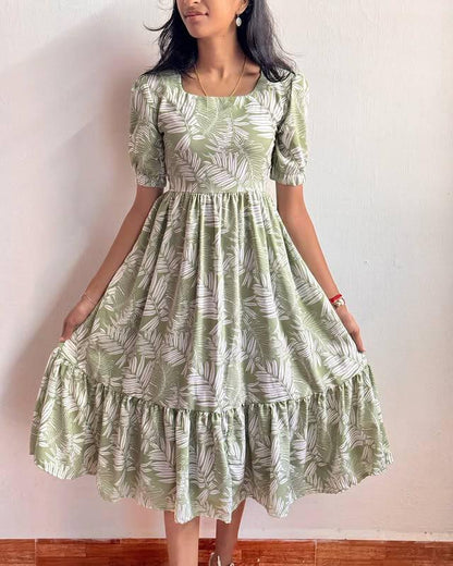 Mint Leaf Maxi Dress: Soft Cotton Floral Elegance