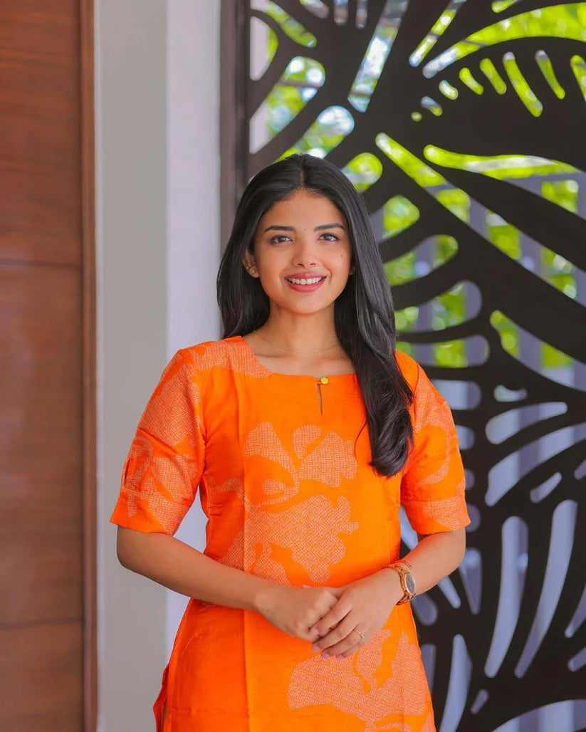 Premium Orange Floral  Kurti