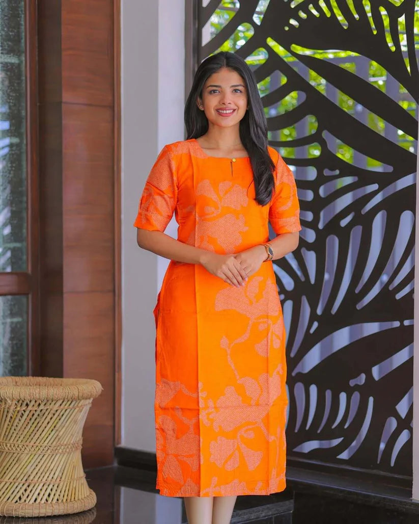 Premium Orange Floral  Kurti