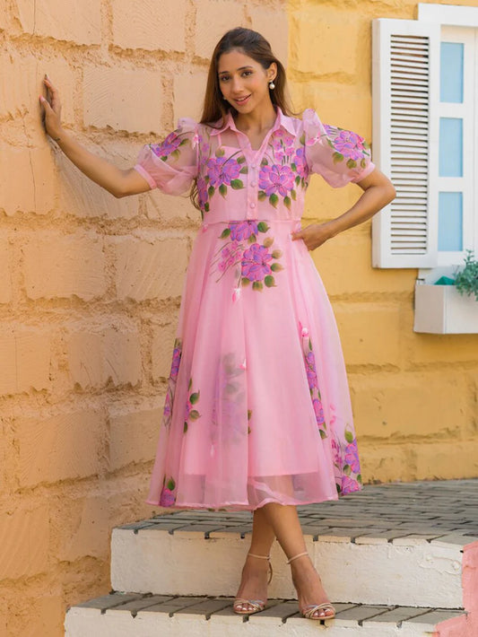 Ananya Pink Floral Organza Dress