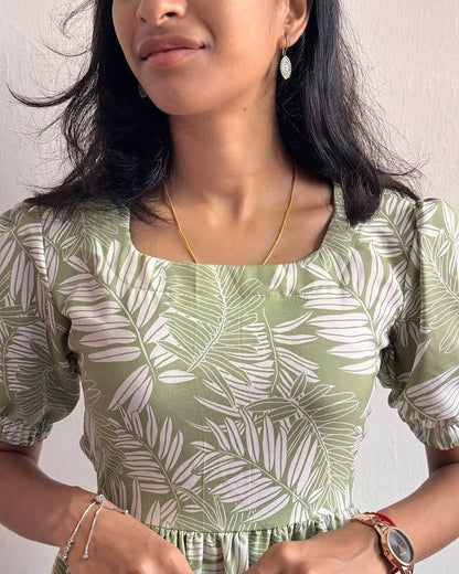 Mint Leaf Maxi Dress: Soft Cotton Floral Elegance